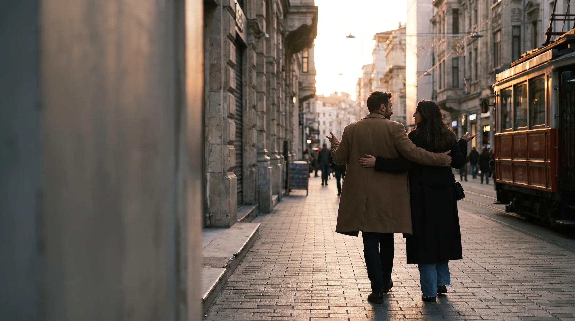 İstiklal Caddesi'nde nostaljik tramvay ve yürüyen bir çift